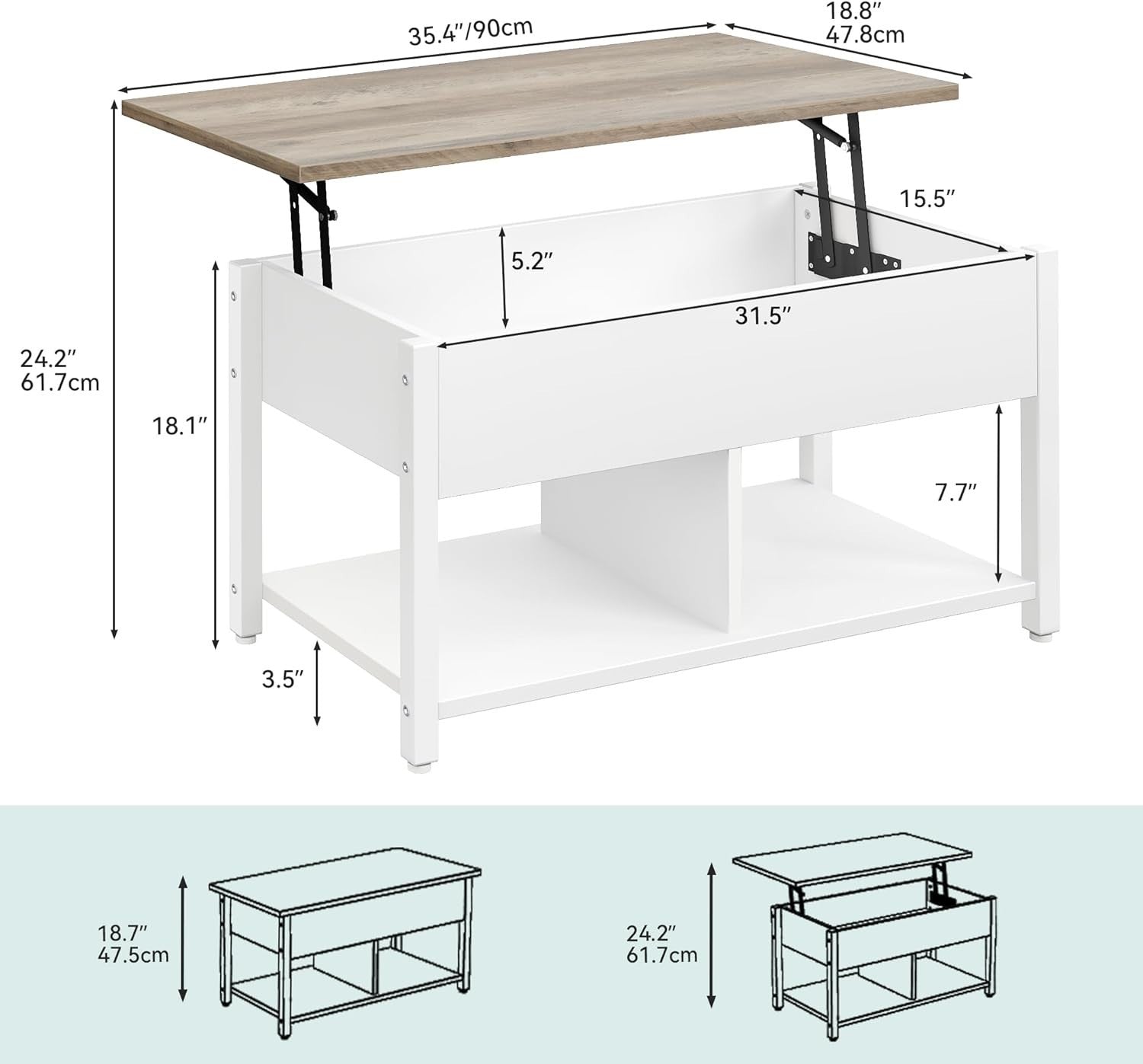 Lift Top Coffee Table Adjustable Height Hidden Storage & Shelf Modern White Gray - Kwikley