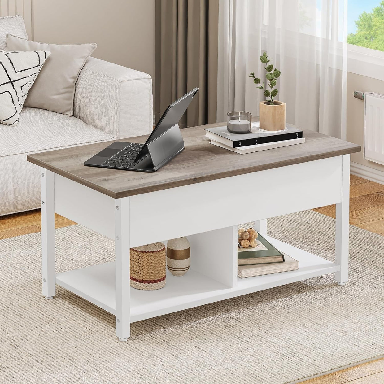 Lift Top Coffee Table Adjustable Height Hidden Storage & Shelf Modern White Gray - Kwikley