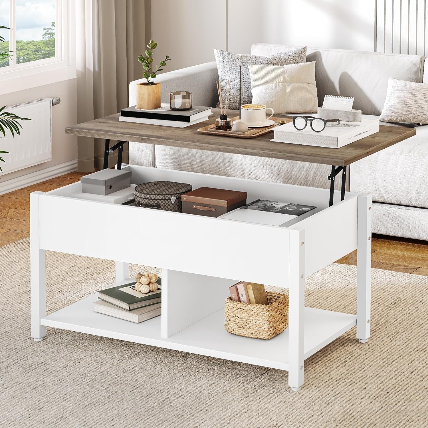 Lift Top Coffee Table Adjustable Height Hidden Storage & Shelf Modern White Gray - Kwikley