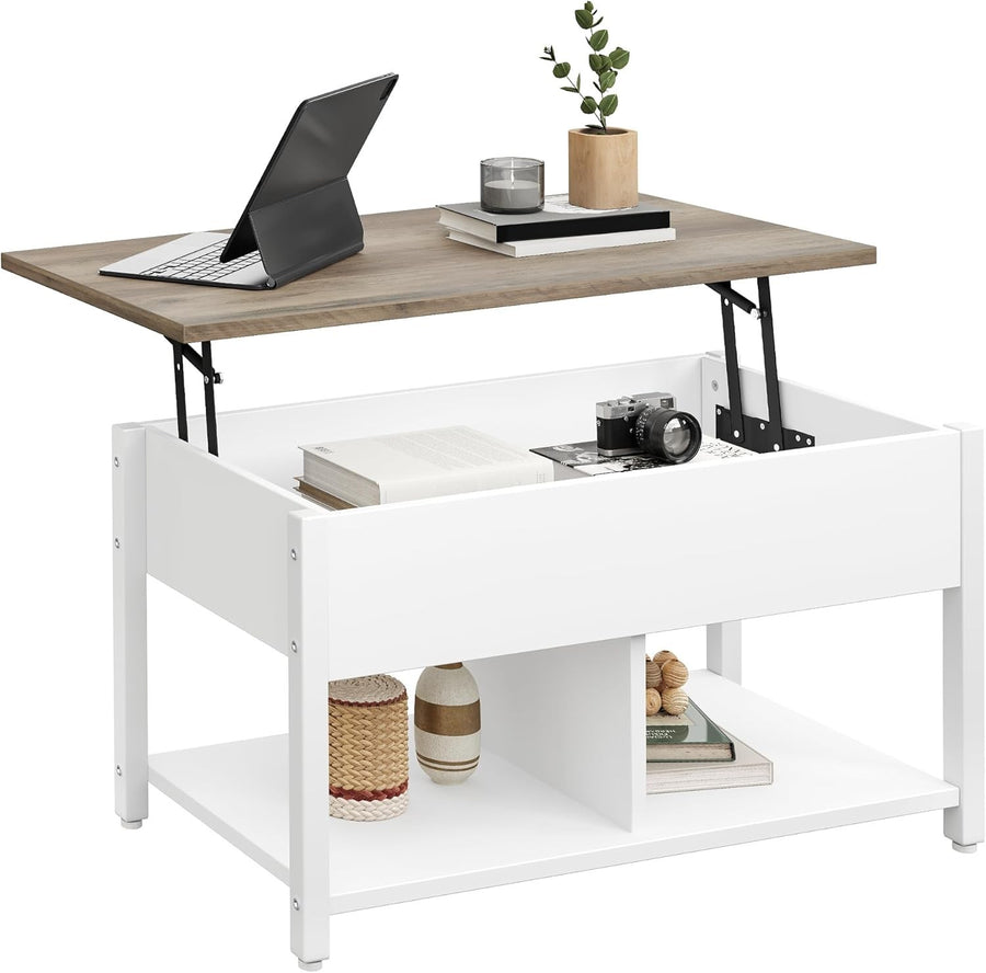 Lift Top Coffee Table Adjustable Height Hidden Storage & Shelf Modern White Gray - Kwikley