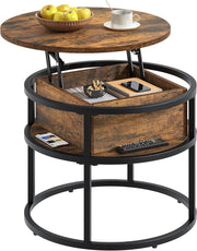 Lift Top Coffee Table Round with Storage, Rustic Brown Wood, 60x60x47cm - Kwikley