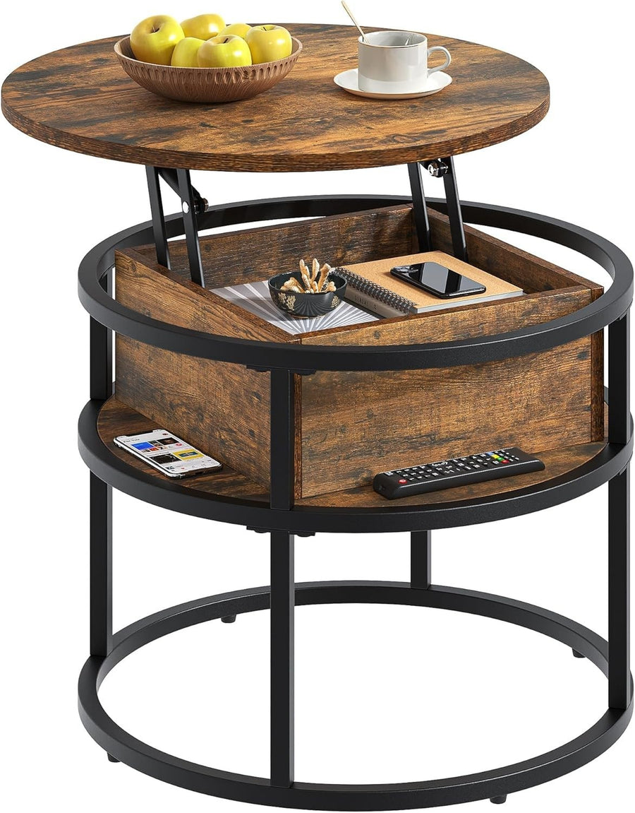 Lift Top Coffee Table Round with Storage, Rustic Brown Wood, 60x60x47cm - Kwikley
