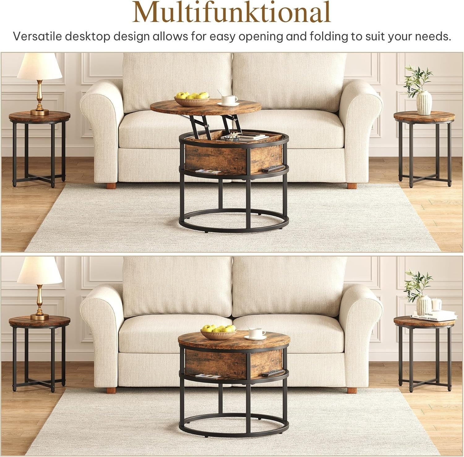 Lift Top Coffee Table Round with Storage, Rustic Brown Wood, 60x60x47cm - Kwikley