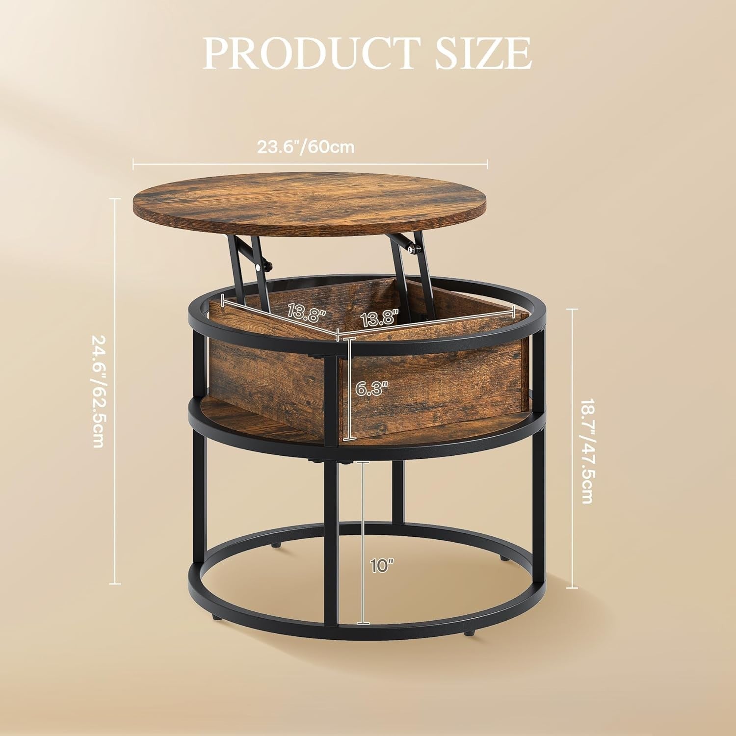 Lift Top Coffee Table Round with Storage, Rustic Brown Wood, 60x60x47cm - Kwikley