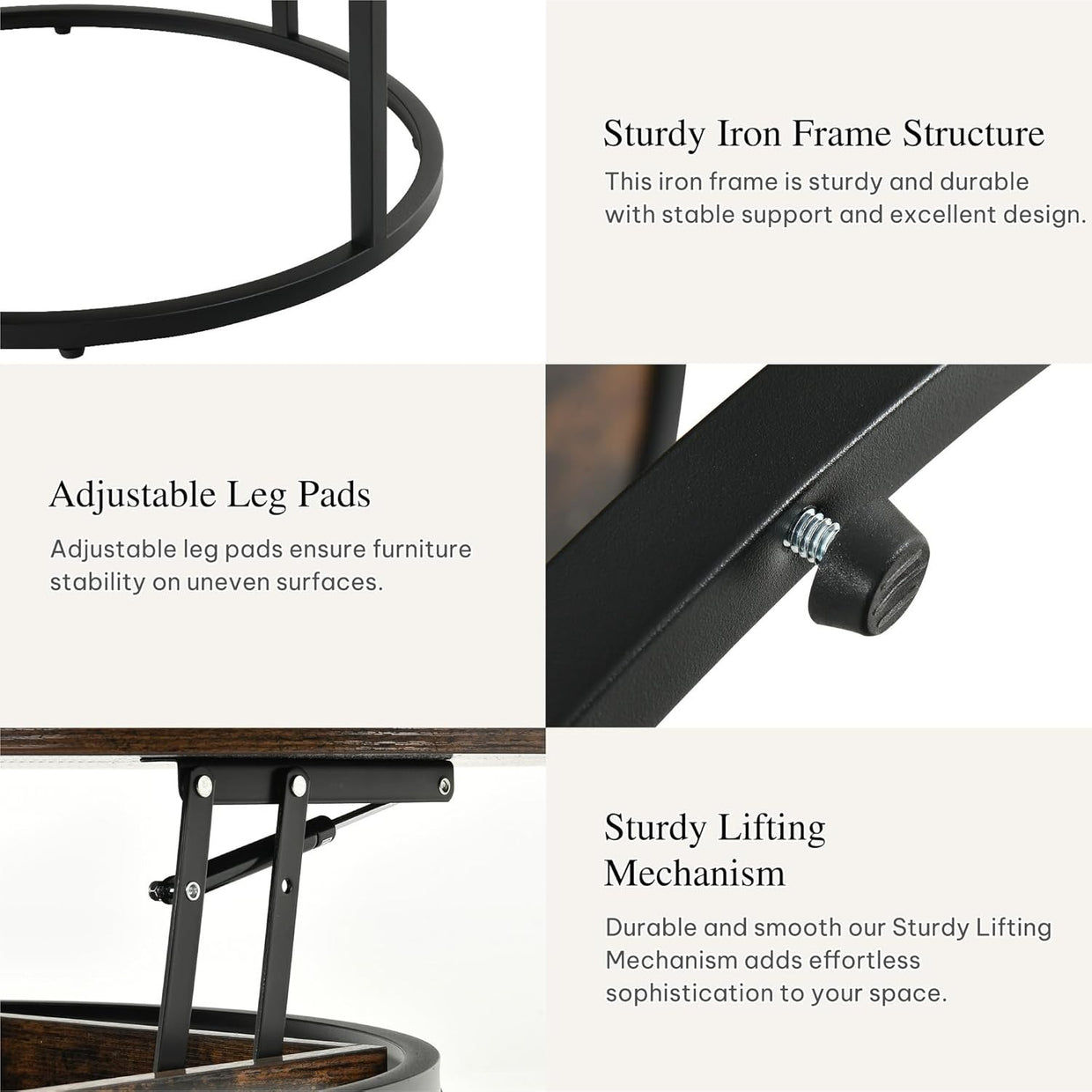 Lift Top Coffee Table Round with Storage, Rustic Brown Wood, 60x60x47cm - Kwikley