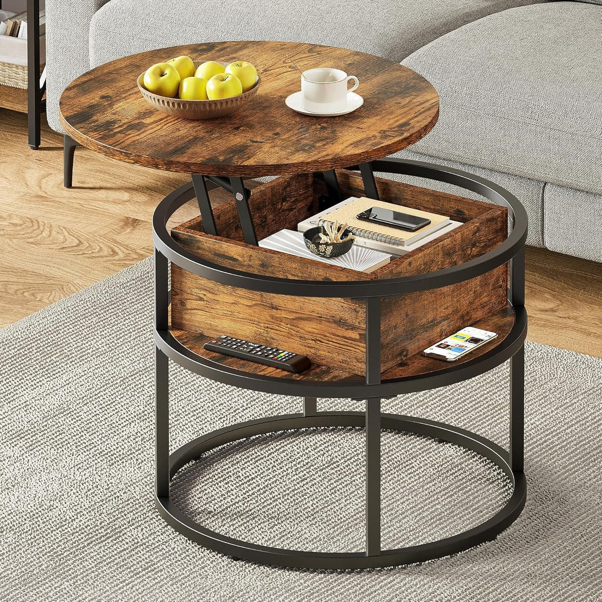 Lift Top Coffee Table Round with Storage, Rustic Brown Wood, 60x60x47cm - Kwikley