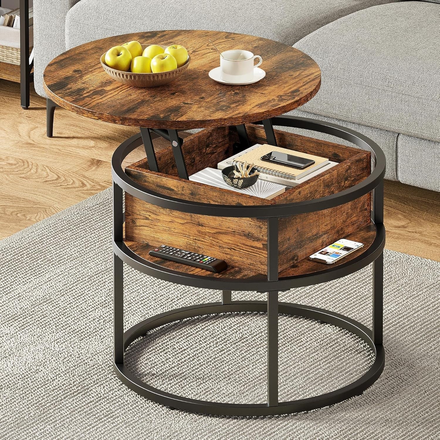 Lift Top Coffee Table Round with Storage, Rustic Brown Wood, 60x60x47cm - Kwikley