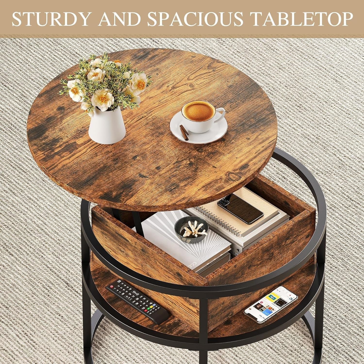 Lift Top Coffee Table Round with Storage, Rustic Brown Wood, 60x60x47cm - Kwikley