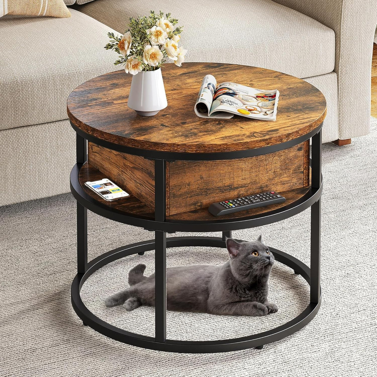 Lift Top Coffee Table Round with Storage, Rustic Brown Wood, 60x60x47cm - Kwikley