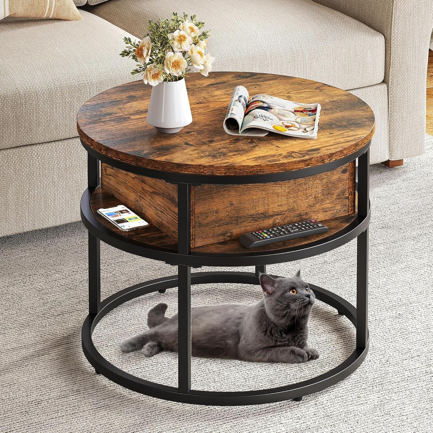 Lift Top Coffee Table Round with Storage, Rustic Brown Wood, 60x60x47cm - Kwikley