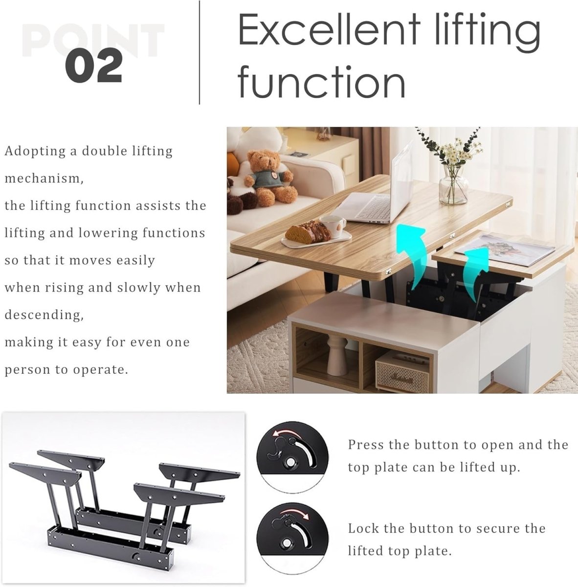 Lift - Top Coffee Table with 3 Drawers & Storage, White & Oak 100x51x47cm - Kwikley