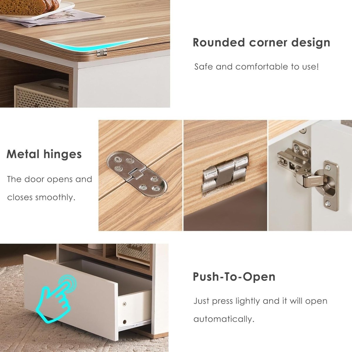 Lift - Top Coffee Table with 3 Drawers & Storage, White & Oak 100x51x47cm - Kwikley