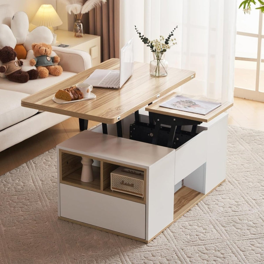 Lift - Top Coffee Table with 3 Drawers & Storage, White & Oak 100x51x47cm - Kwikley