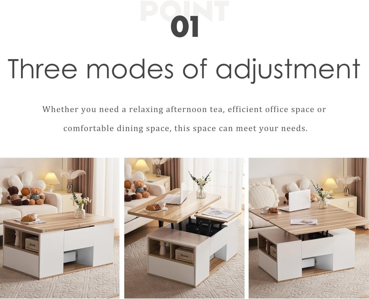Lift - Top Coffee Table with 3 Drawers & Storage, White & Oak 100x51x47cm - Kwikley