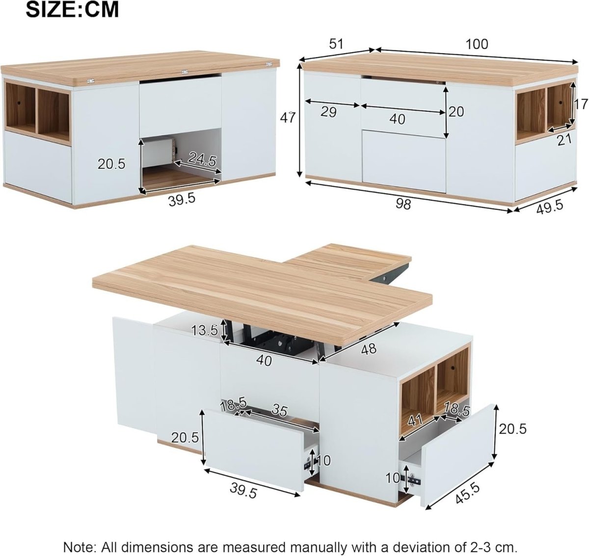 Lift - Top Coffee Table with 3 Drawers & Storage, White & Oak 100x51x47cm - Kwikley