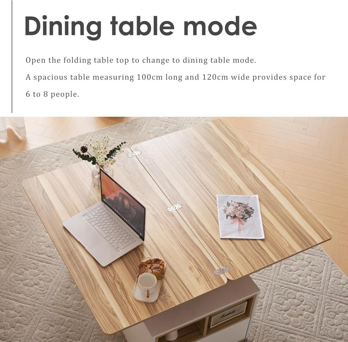 Lift - Top Coffee Table with 3 Drawers & Storage, White & Oak 100x51x47cm - Kwikley