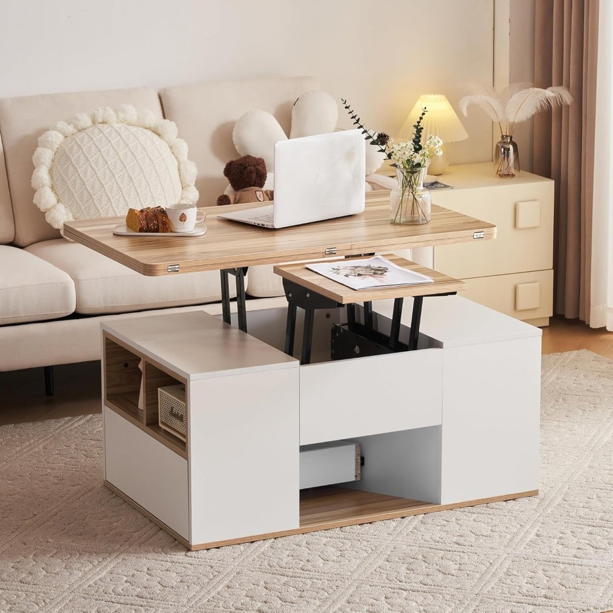 Lift - Top Coffee Table with 3 Drawers & Storage, White & Oak 100x51x47cm - Kwikley