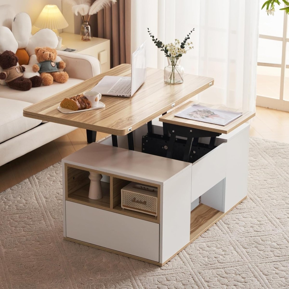 Lift - Top Coffee Table with 3 Drawers & Storage, White & Oak 100x51x47cm - Kwikley