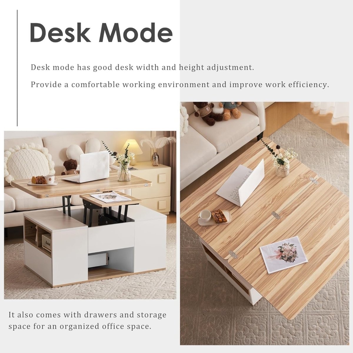 Lift - Top Coffee Table with 3 Drawers & Storage, White & Oak 100x51x47cm - Kwikley