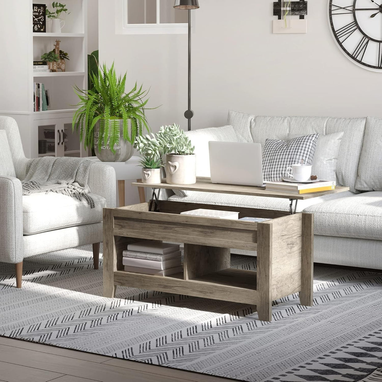Lift Top Coffee Table with Hidden Storage & Open Shelves – Oak Effect - Kwikley