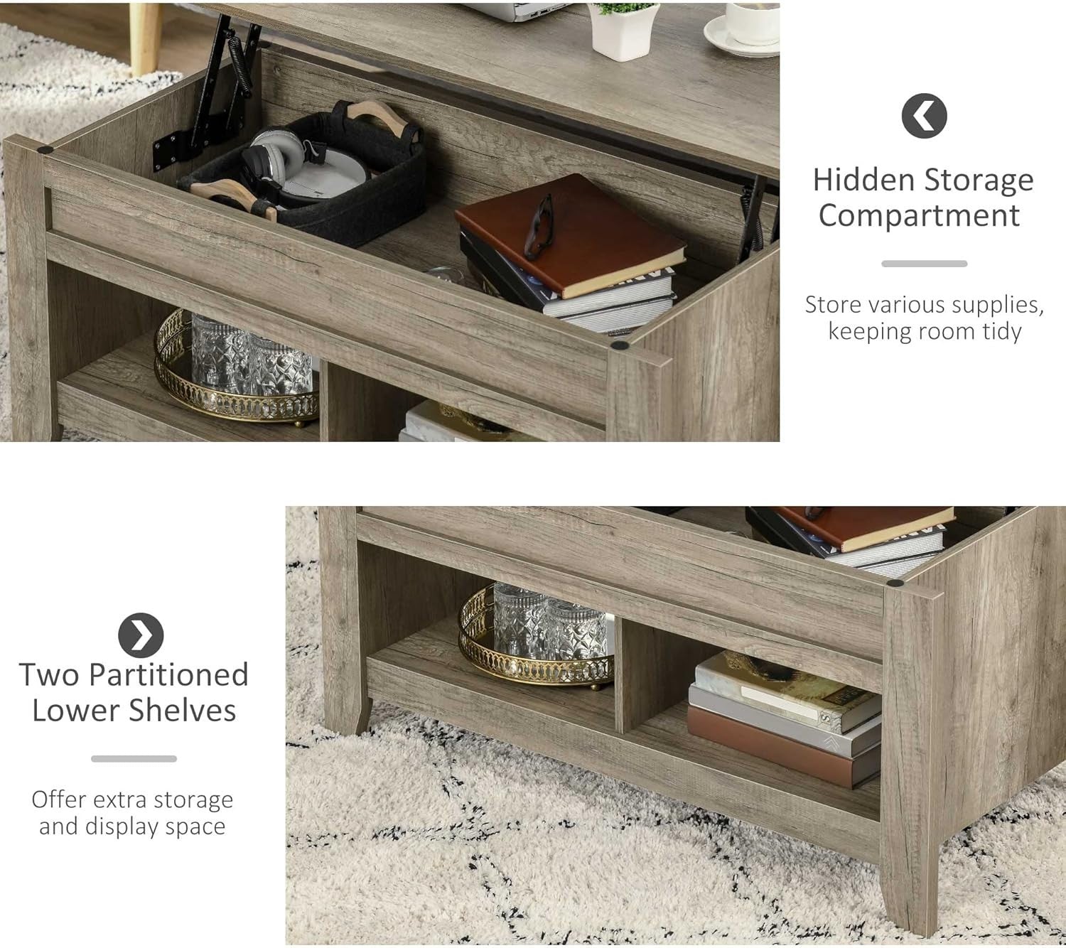 Lift Top Coffee Table with Hidden Storage & Open Shelves – Oak Effect - Kwikley