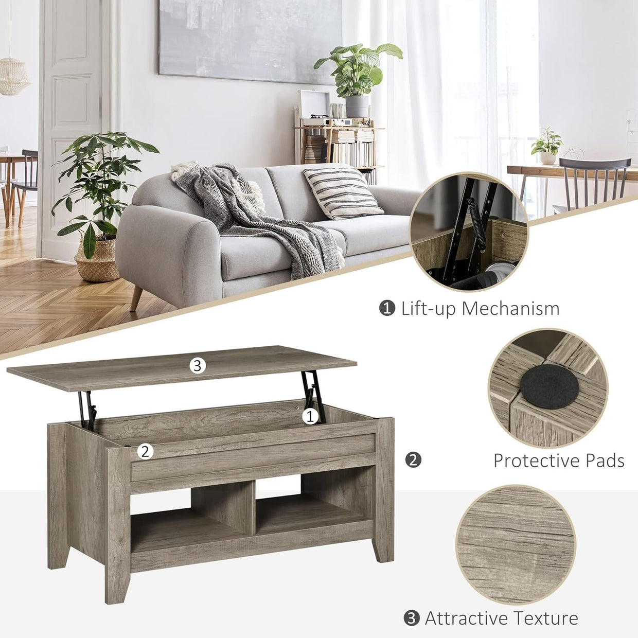 Lift Top Coffee Table with Hidden Storage & Open Shelves – Oak Effect - Kwikley