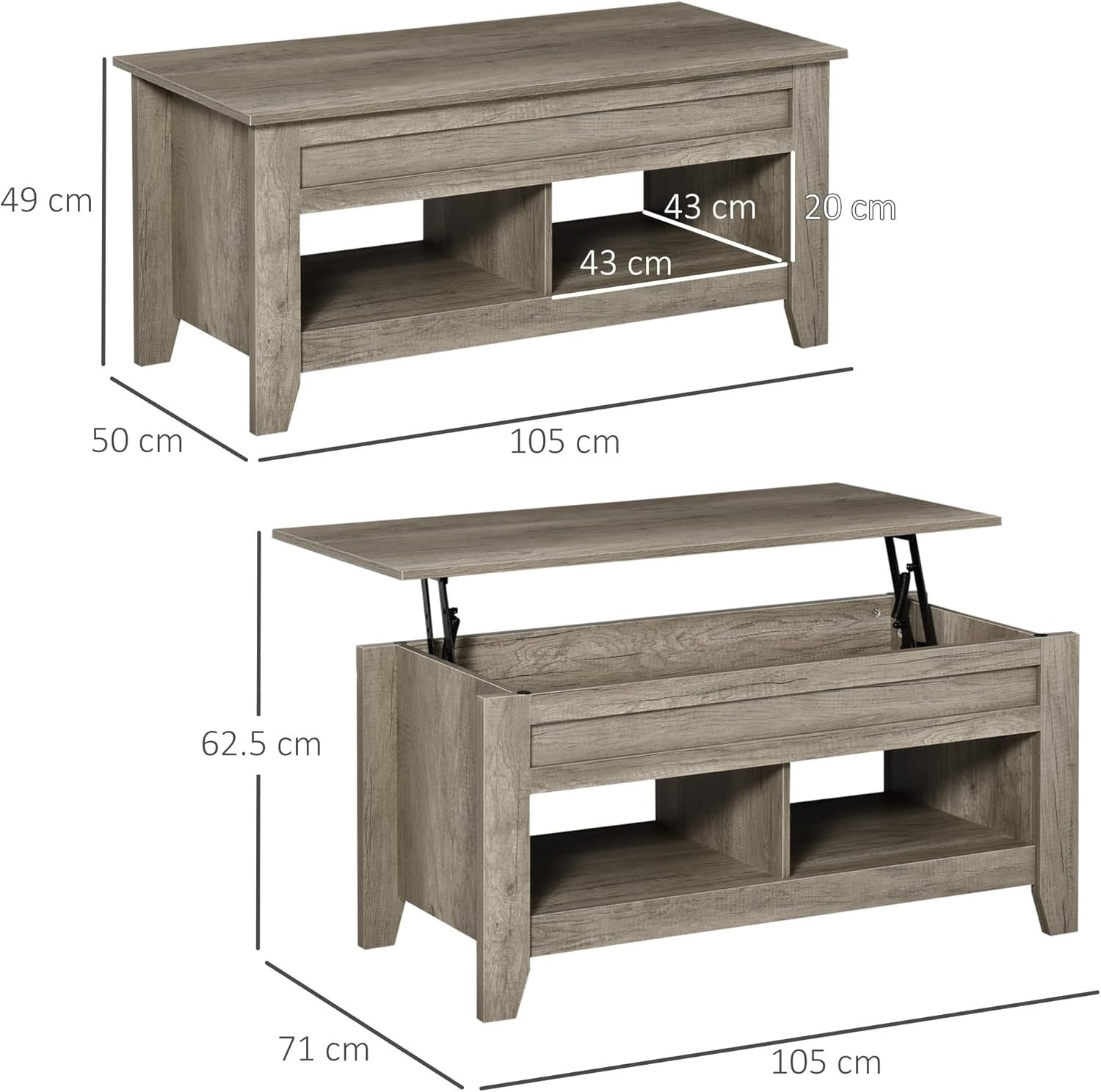 Lift Top Coffee Table with Hidden Storage & Open Shelves – Oak Effect - Kwikley