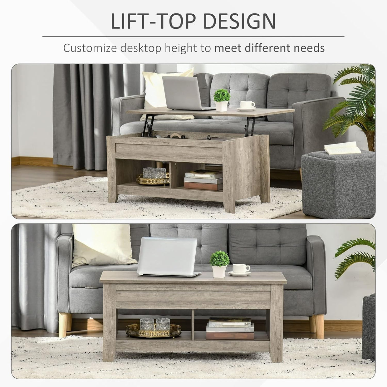Lift Top Coffee Table with Hidden Storage & Open Shelves – Oak Effect - Kwikley