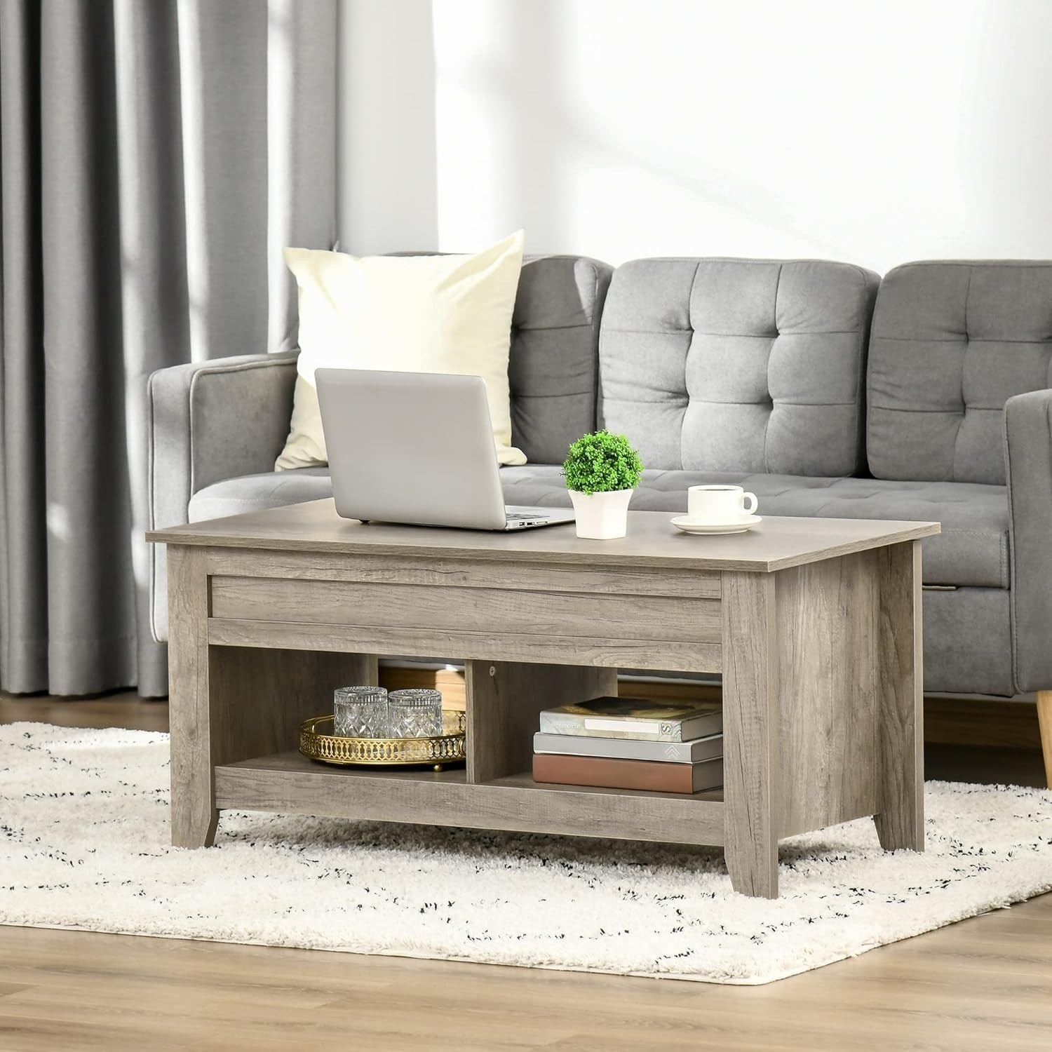 Lift Top Coffee Table with Hidden Storage & Open Shelves – Oak Effect - Kwikley