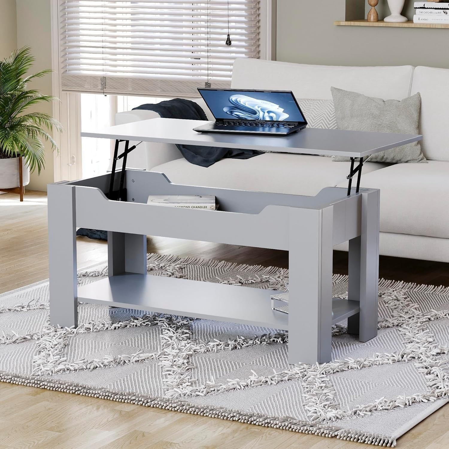 Lift Top Coffee Table with Hidden Storage & Shelf – Grey Modern Space Saver - Kwikley
