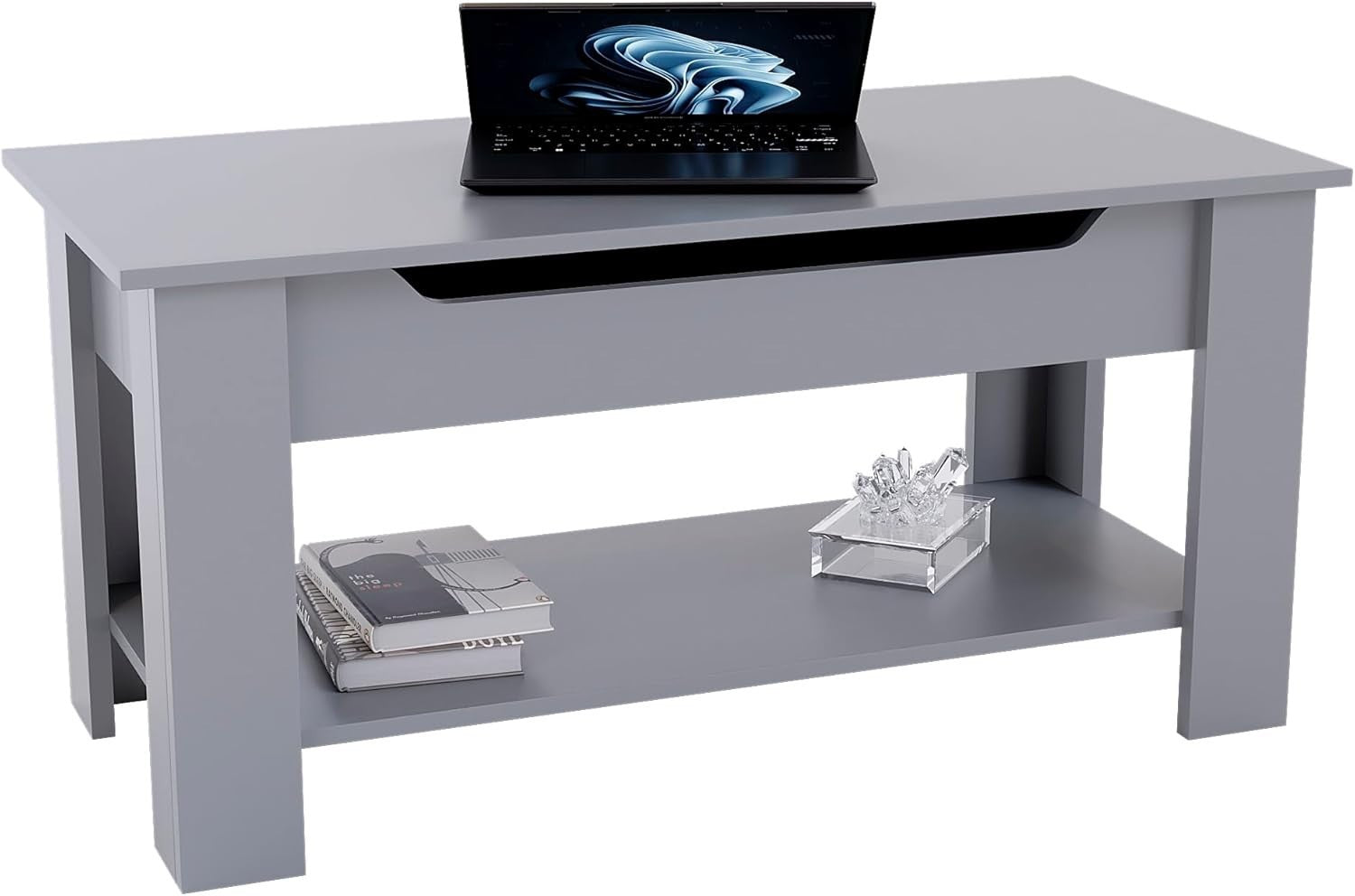 Lift Top Coffee Table with Hidden Storage & Shelf – Grey Modern Space Saver - Kwikley