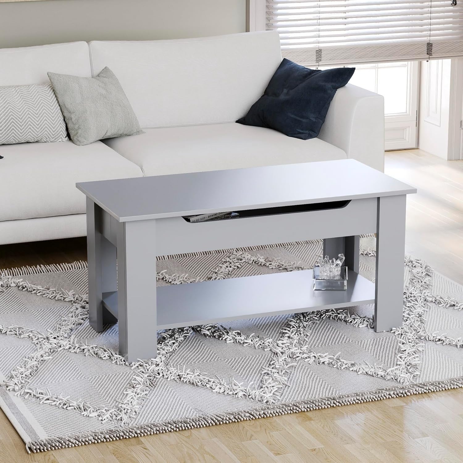 Lift Top Coffee Table with Hidden Storage & Shelf – Grey Modern Space Saver - Kwikley