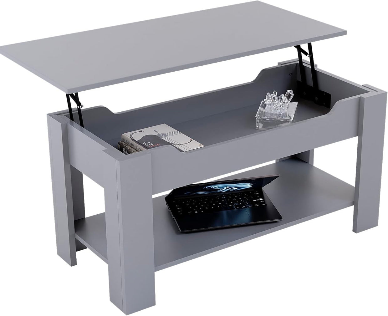 Lift Top Coffee Table with Hidden Storage & Shelf – Grey Modern Space Saver - Kwikley