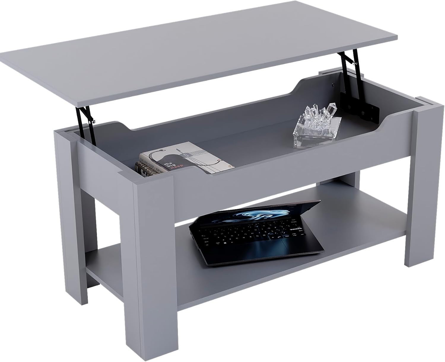 Lift Top Coffee Table with Hidden Storage & Shelf – Grey Modern Space Saver - Kwikley