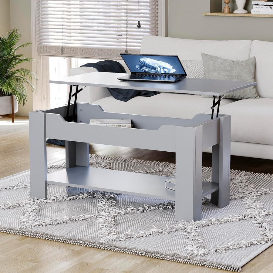 Lift Top Coffee Table with Hidden Storage & Shelf – Grey Modern Space Saver - Kwikley