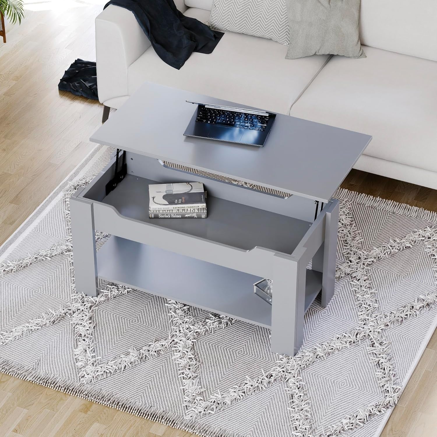 Lift Top Coffee Table with Hidden Storage & Shelf – Grey Modern Space Saver - Kwikley