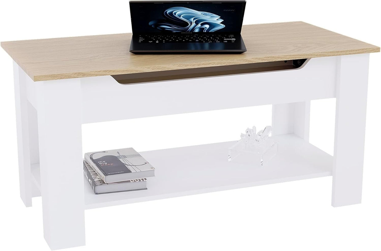 Lift Top Coffee Table with Hidden Storage & Shelf – Oak White Modern - Kwikley