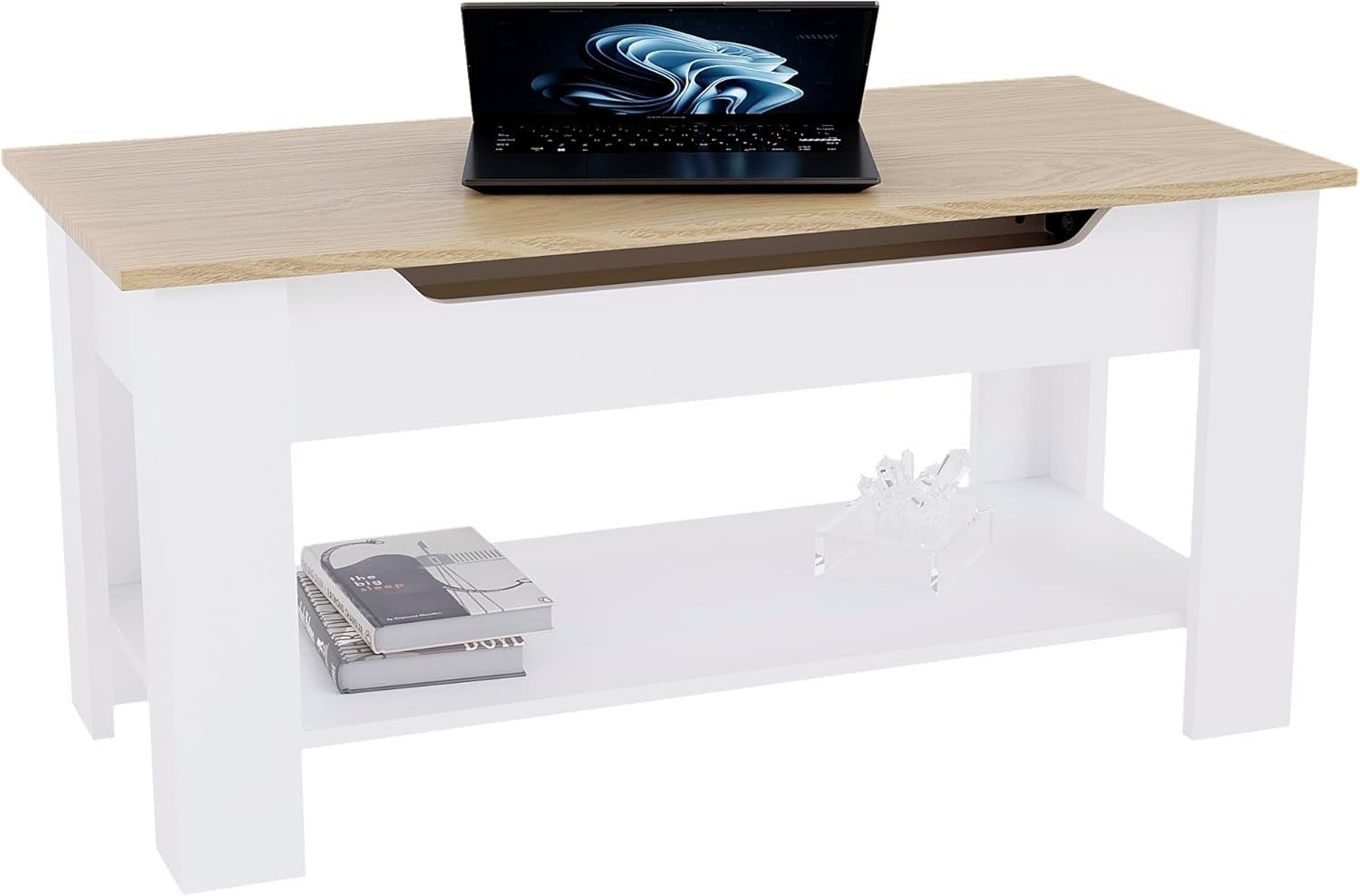 Lift Top Coffee Table with Hidden Storage & Shelf – Oak White Modern - Kwikley