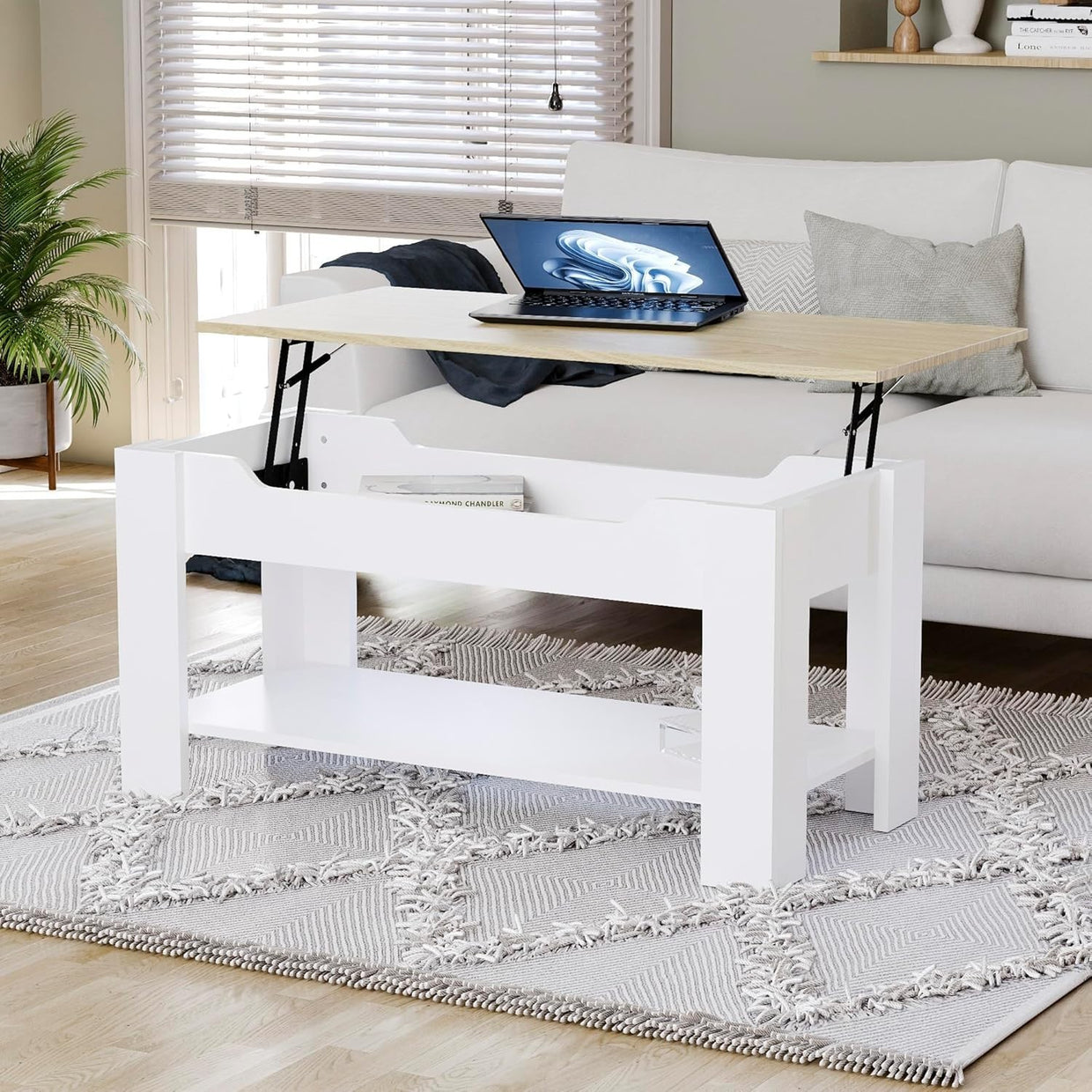 Lift Top Coffee Table with Hidden Storage & Shelf – Oak White Modern - Kwikley