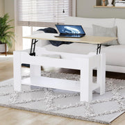 Lift Top Coffee Table with Hidden Storage & Shelf – Oak White Modern - Kwikley