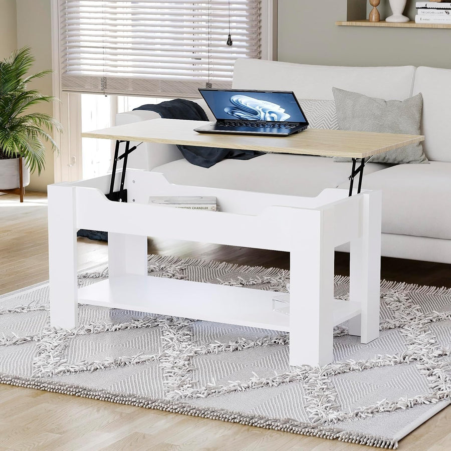 Lift Top Coffee Table with Hidden Storage & Shelf – Oak White Modern - Kwikley