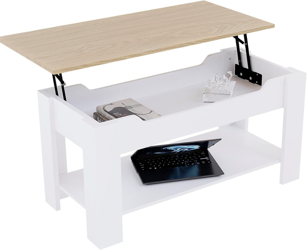 Lift Top Coffee Table with Hidden Storage & Shelf – Oak White Modern - Kwikley