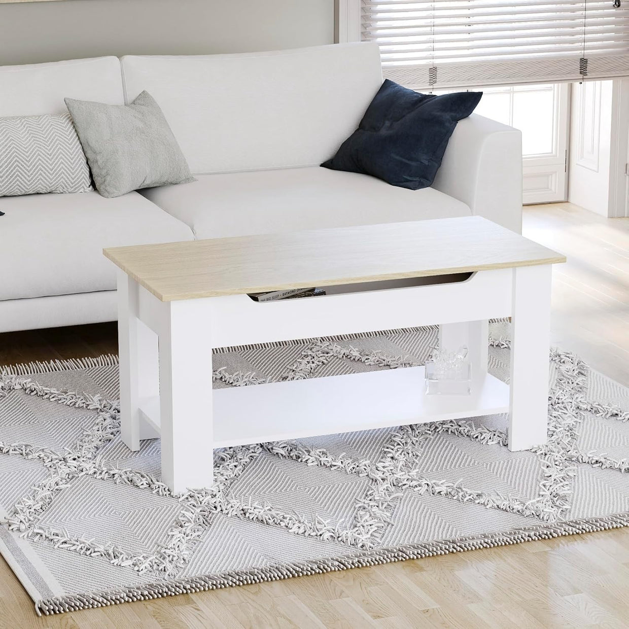 Lift Top Coffee Table with Hidden Storage & Shelf – Oak White Modern - Kwikley