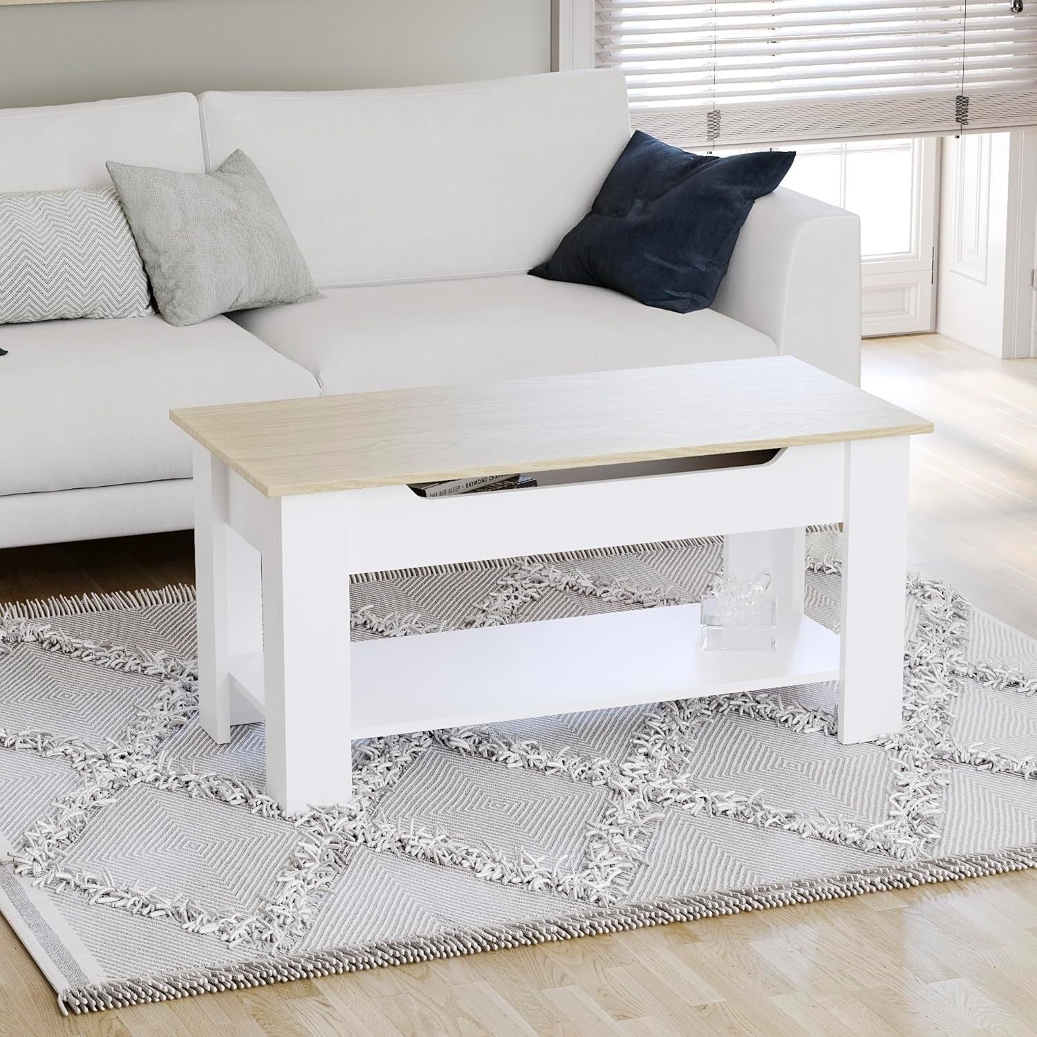 Lift Top Coffee Table with Hidden Storage & Shelf – Oak White Modern - Kwikley
