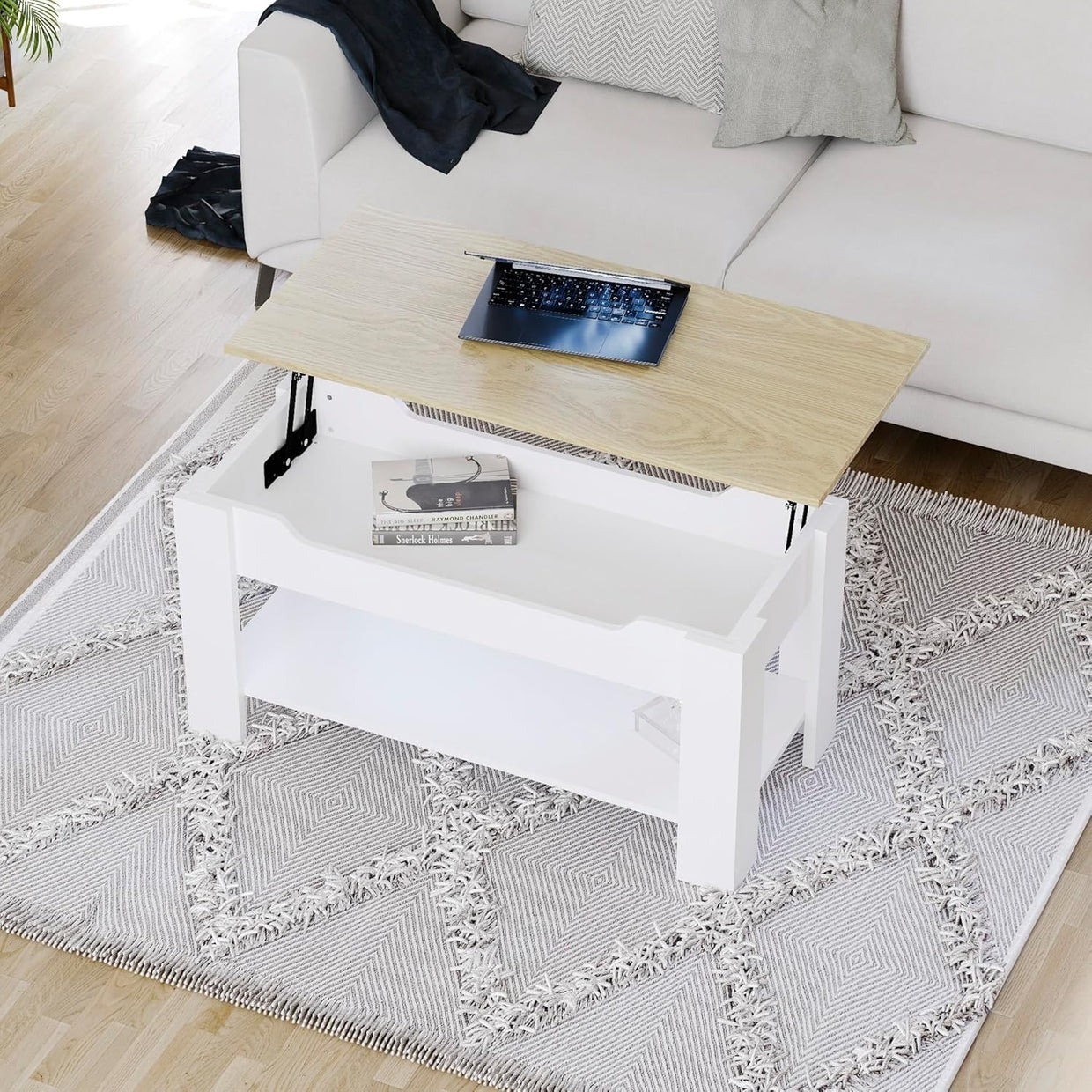 Lift Top Coffee Table with Hidden Storage & Shelf – Oak White Modern - Kwikley
