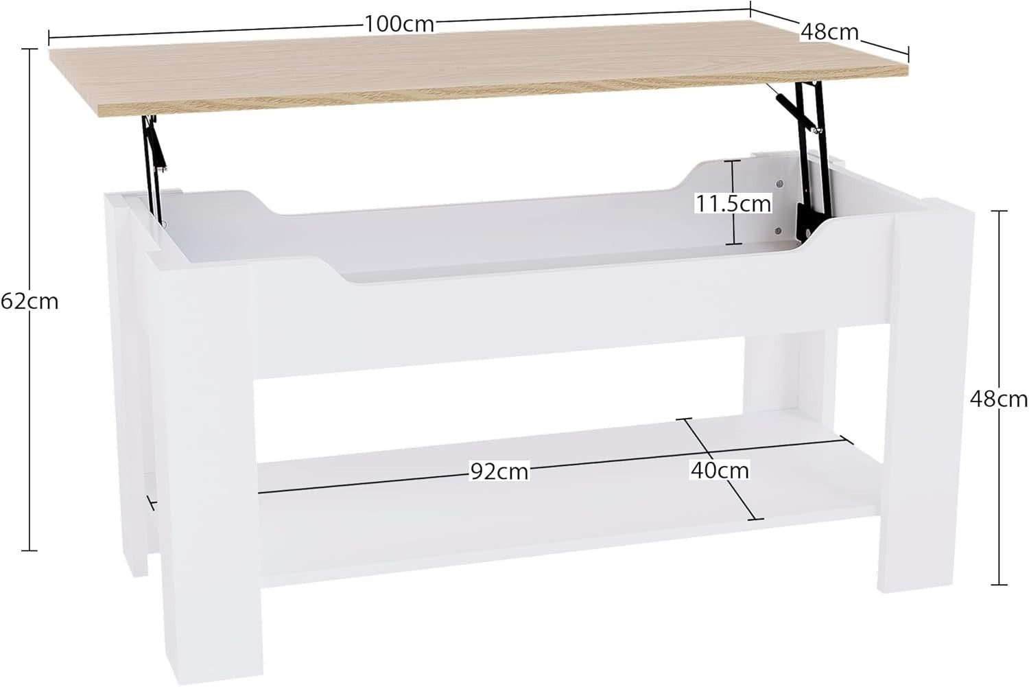 Lift Top Coffee Table with Hidden Storage & Shelf – Oak White Modern - Kwikley