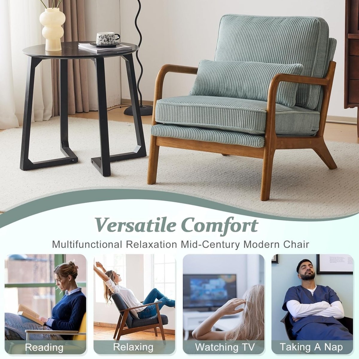 Light Blue Corduroy Accent Chair – Solid Wood Lounge Armchair - Kwikley