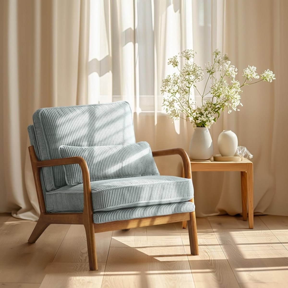 Light Blue Corduroy Accent Chair – Solid Wood Lounge Armchair - Kwikley