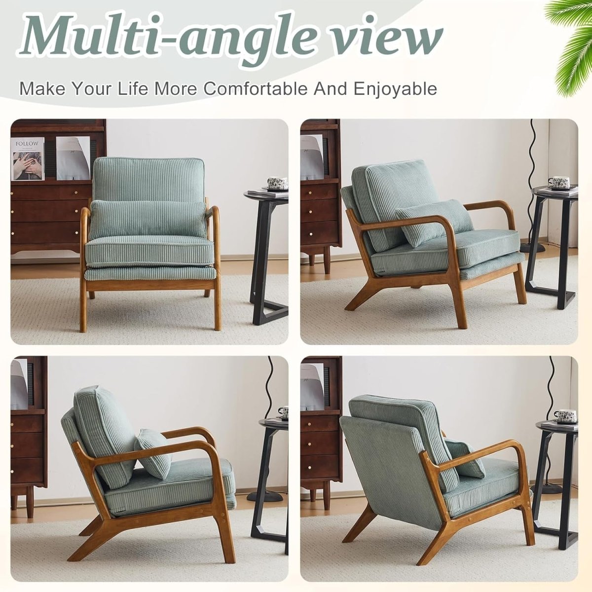 Light Blue Corduroy Accent Chair – Solid Wood Lounge Armchair - Kwikley