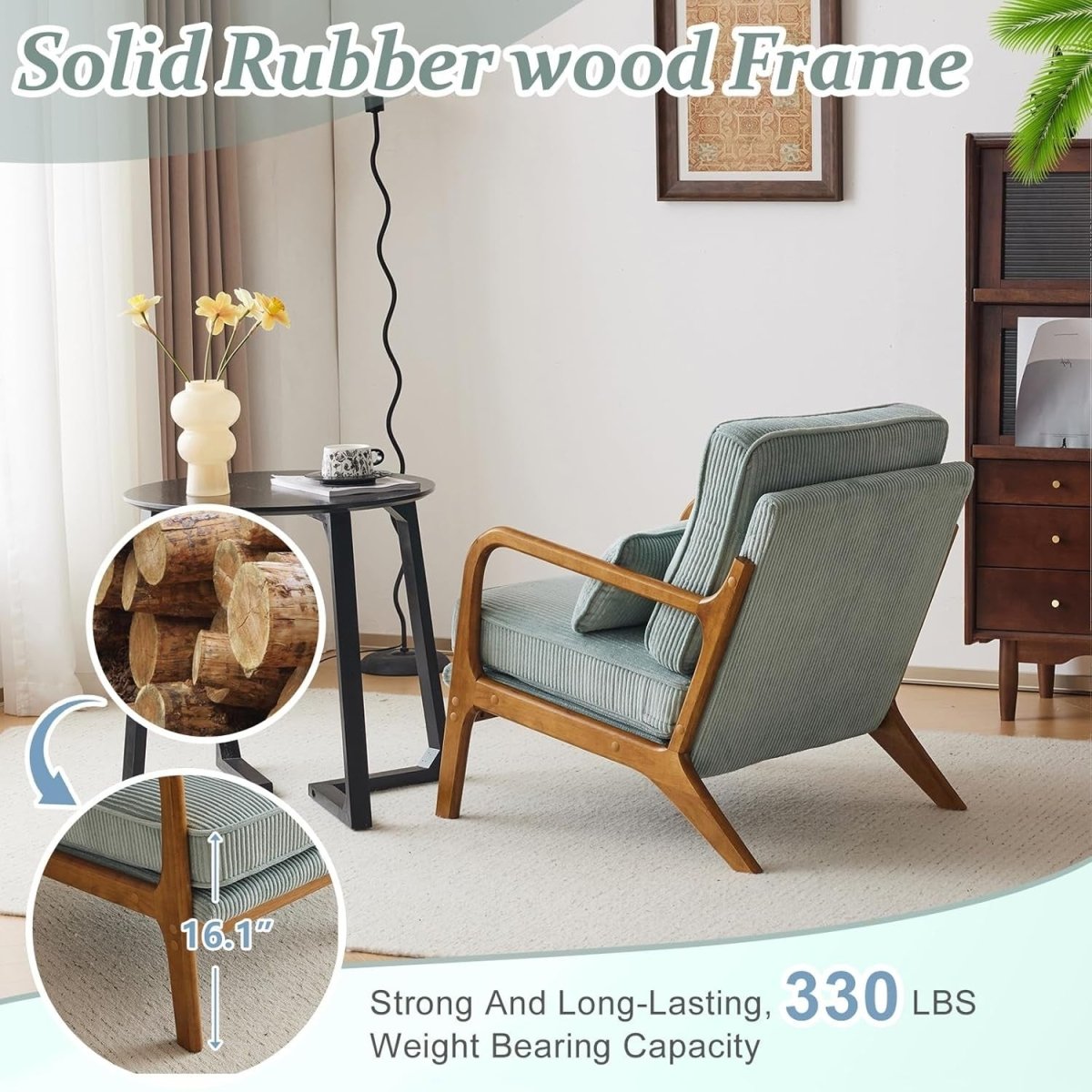 Light Blue Corduroy Accent Chair – Solid Wood Lounge Armchair - Kwikley